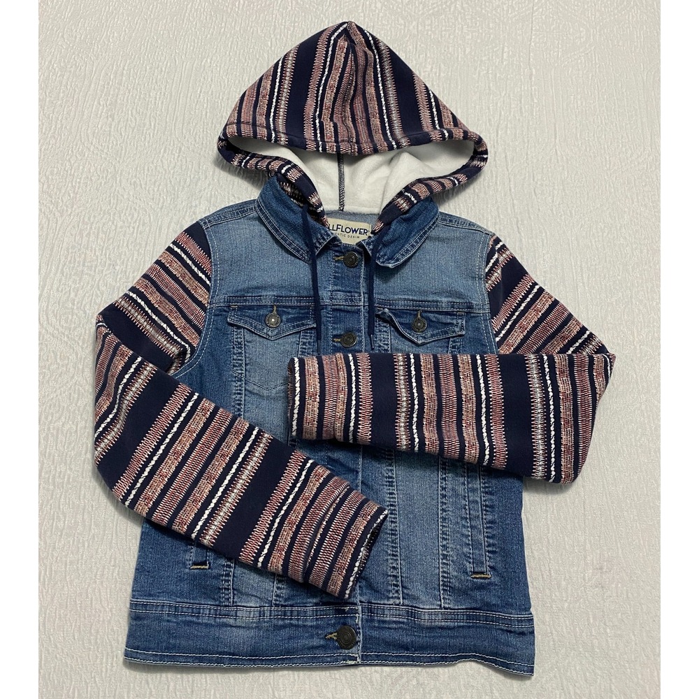Wallflower Dreamer Fit Hooded Jean Jacket Juniors S Blue Striped Sleeves Denim
